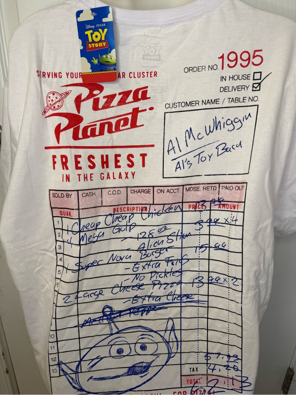 Toy Story Pizza Planet Invoice Graphic Tee - White & Red XL Men